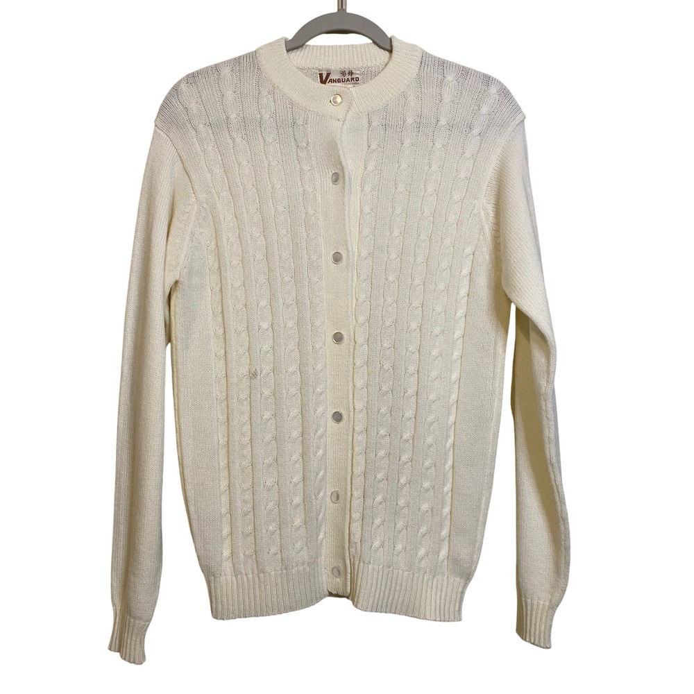 Vintage Vanguard Cream Cable Knit Cardigan Sweater Women White Acrylic Size 40